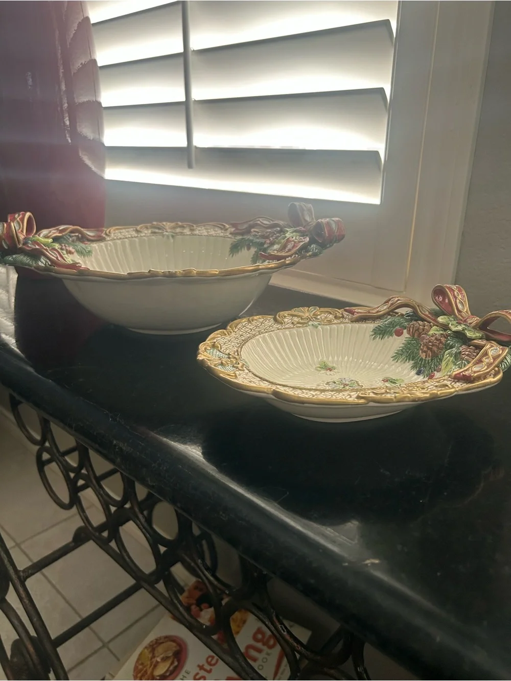 Holiday Decorative Serving Platters with Red Ribbon and Pinecone Accents